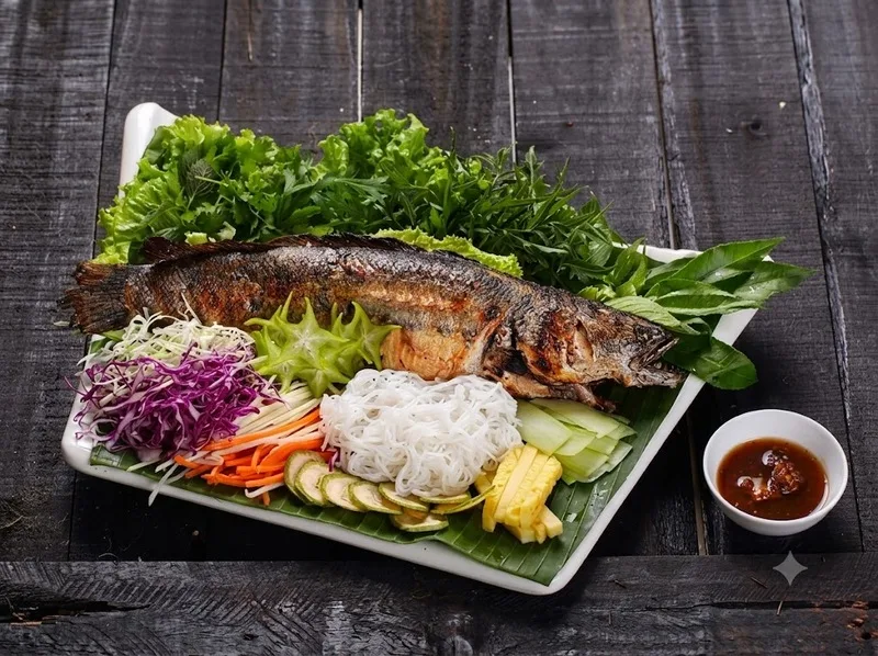 Cá lóc nướng trui thơm lừng trên bếp rơm, mang đậm phong cách ẩm thực dân gian của người miền Tây.