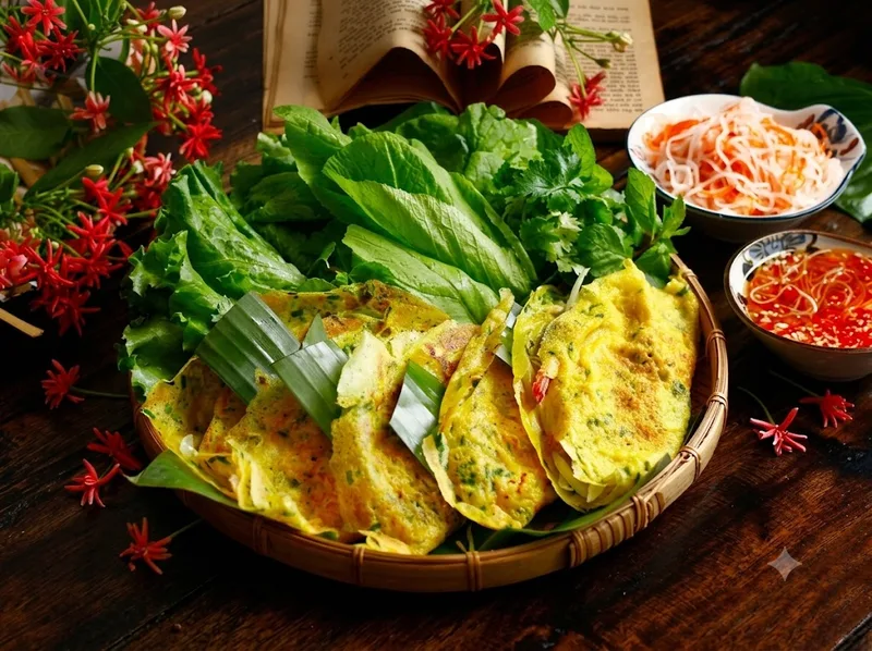 Bánh xèo miền Tây vàng giòn với nhân tôm thịt hấp dẫn, thường xuất hiện trong những bữa ăn sum họp gia đình.