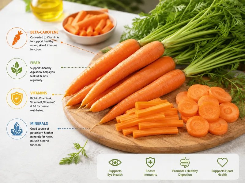 Cà rốt sống cung cấp beta-carotene, chất xơ cùng nhiều vitamin và khoáng chất cần thiết cho chế độ ăn cân bằng.