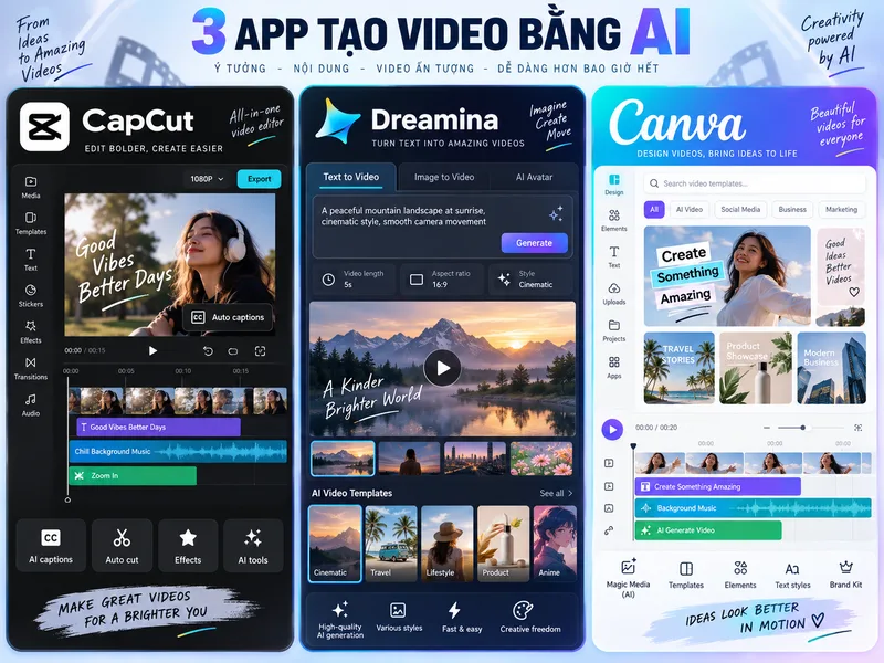 CapCut, Dreamina và Canva là những công cụ AI làm video phù hợp cho TikTok, Shorts và Reels.
