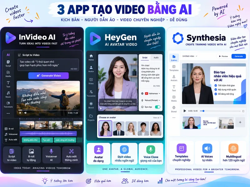 InVideo AI, HeyGen và Synthesia hỗ trợ tạo video từ kịch bản, voiceover và AI avatar chuyên nghiệp.